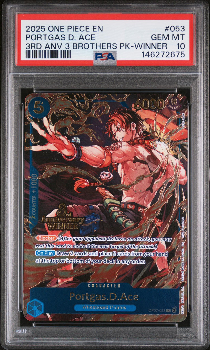 2025 One Piece Card Game Portgas D. Ace #053 3rd Anniversary Winner PSA 10