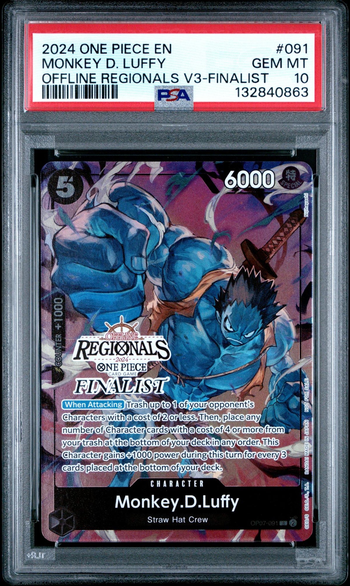 One Piece Card Game Monkey D. Luffy #091 Offline Regionals V3-Finalist PSA 10