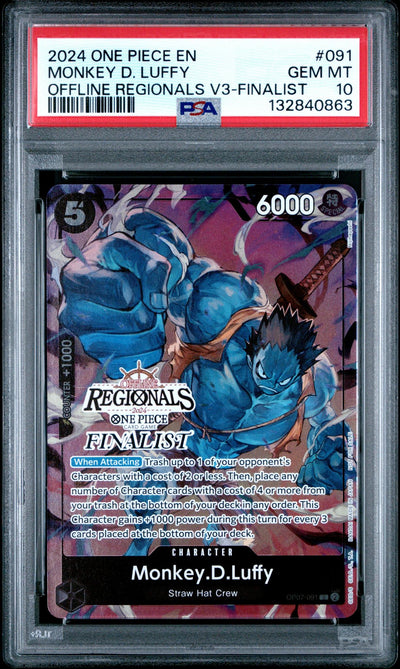 One Piece Card Game Monkey D. Luffy #091 Offline Regionals V3-Finalist PSA 10