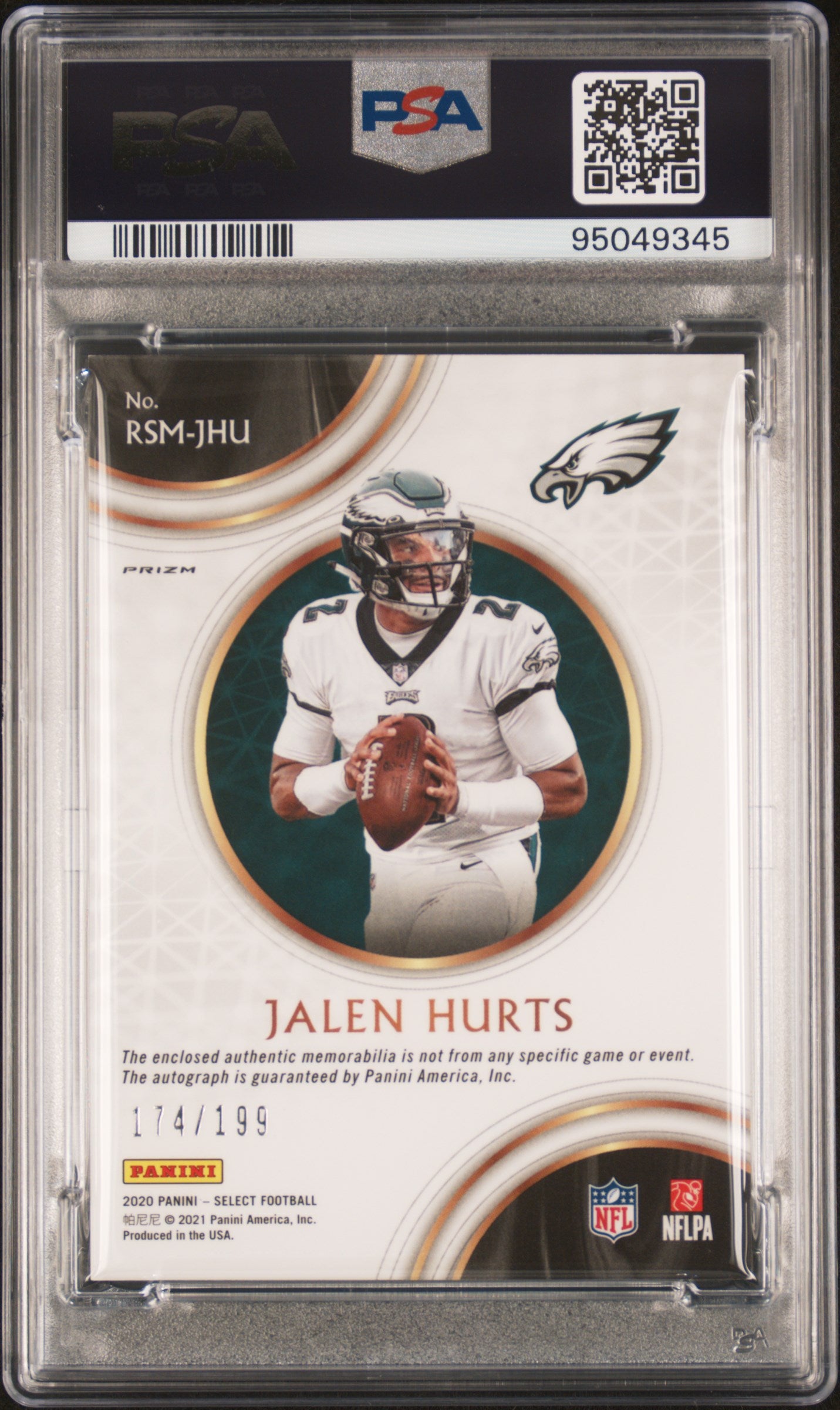 2020 Panini Select Rookie Signature Memorabilia Prizm Jalen Hurts #RSM-JHU /199 PSA 0