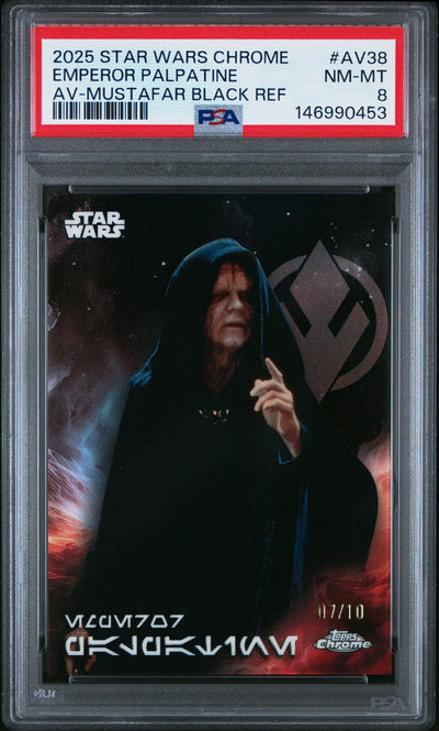 2025 Topps Chrome Star Wars Aurebesh Variation-Mustafar Black Refractor Emperor Palpatine #AV38 /10 PSA 8
