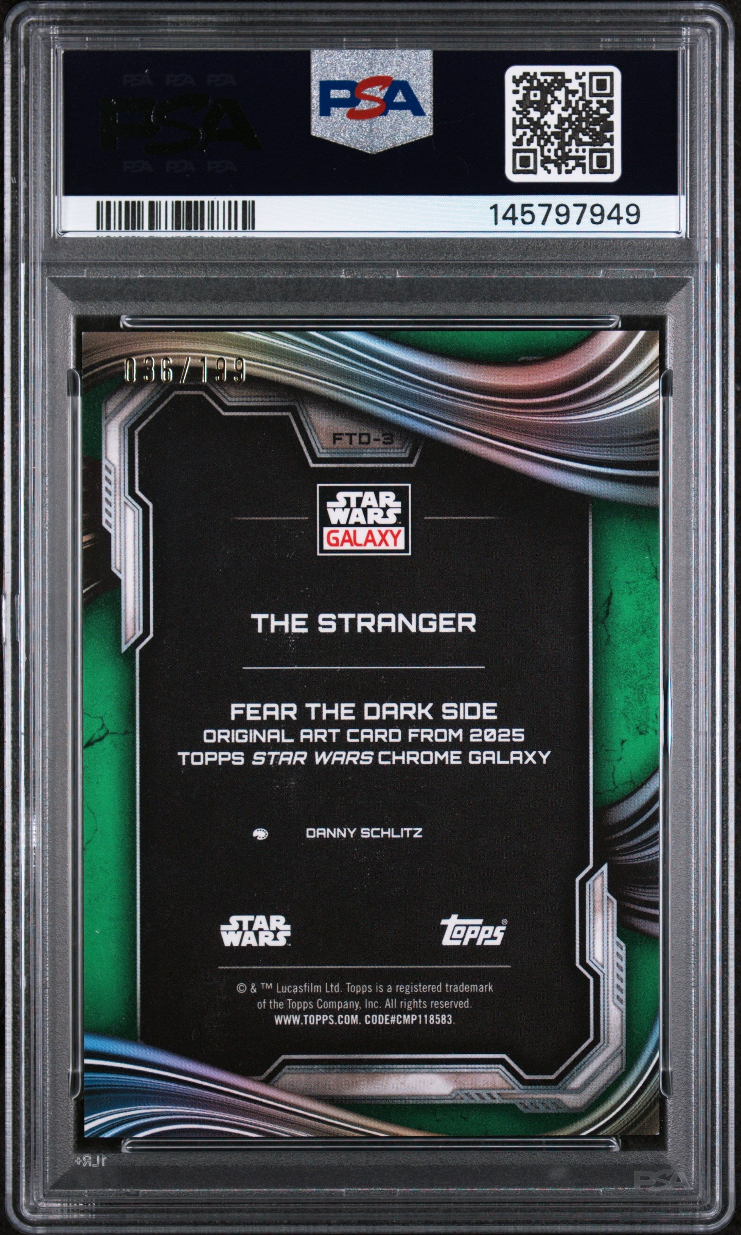 2025 Topps Chrome Star Wars Galaxy Fear the Dark Side Fear/Dark Side-Green Shim the Stranger #FTD-3 /199 PSA 9