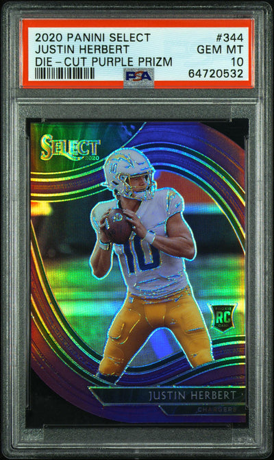2020 Panini Select Justin Herbert #344 Die-Cut Purple Prizm PSA 10
