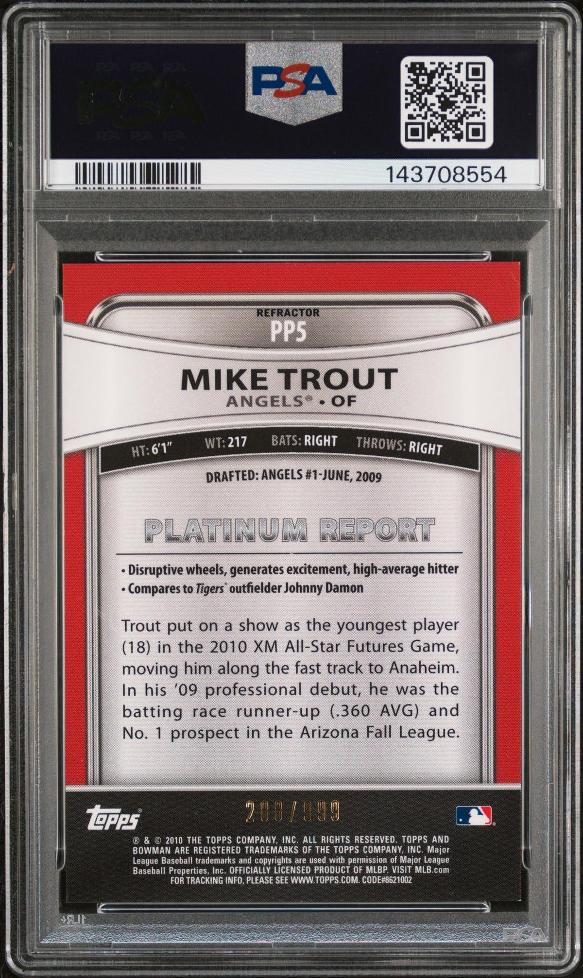 2010 Bowman Platinum Prospect Refractor Mike Trout #PP5 /999 PSA 7