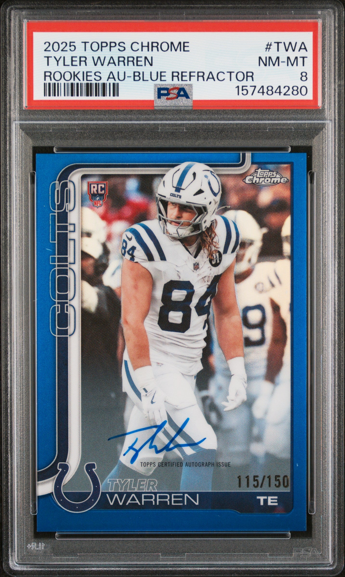 2025 Topps Chrome Rookies Autograph Blue Refractor Tyler Warren #TWA /150 PSA 8