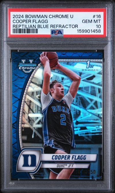 2024 Bowman Chrome University Reptilian Blue Cooper Flagg #16 /150 /50 PSA 10