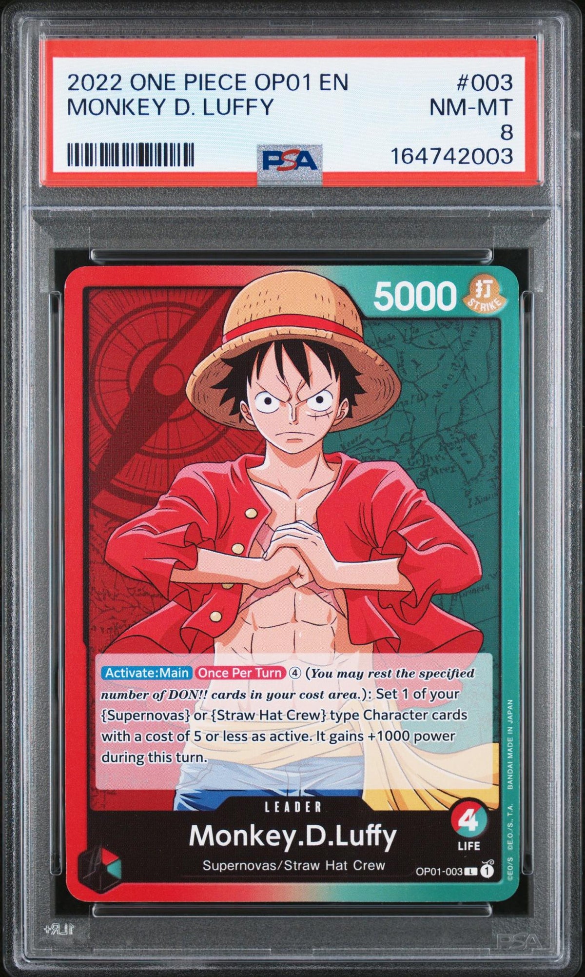 2022 One Piece Monkey D. Luffy #003 OP01 PSA 8
