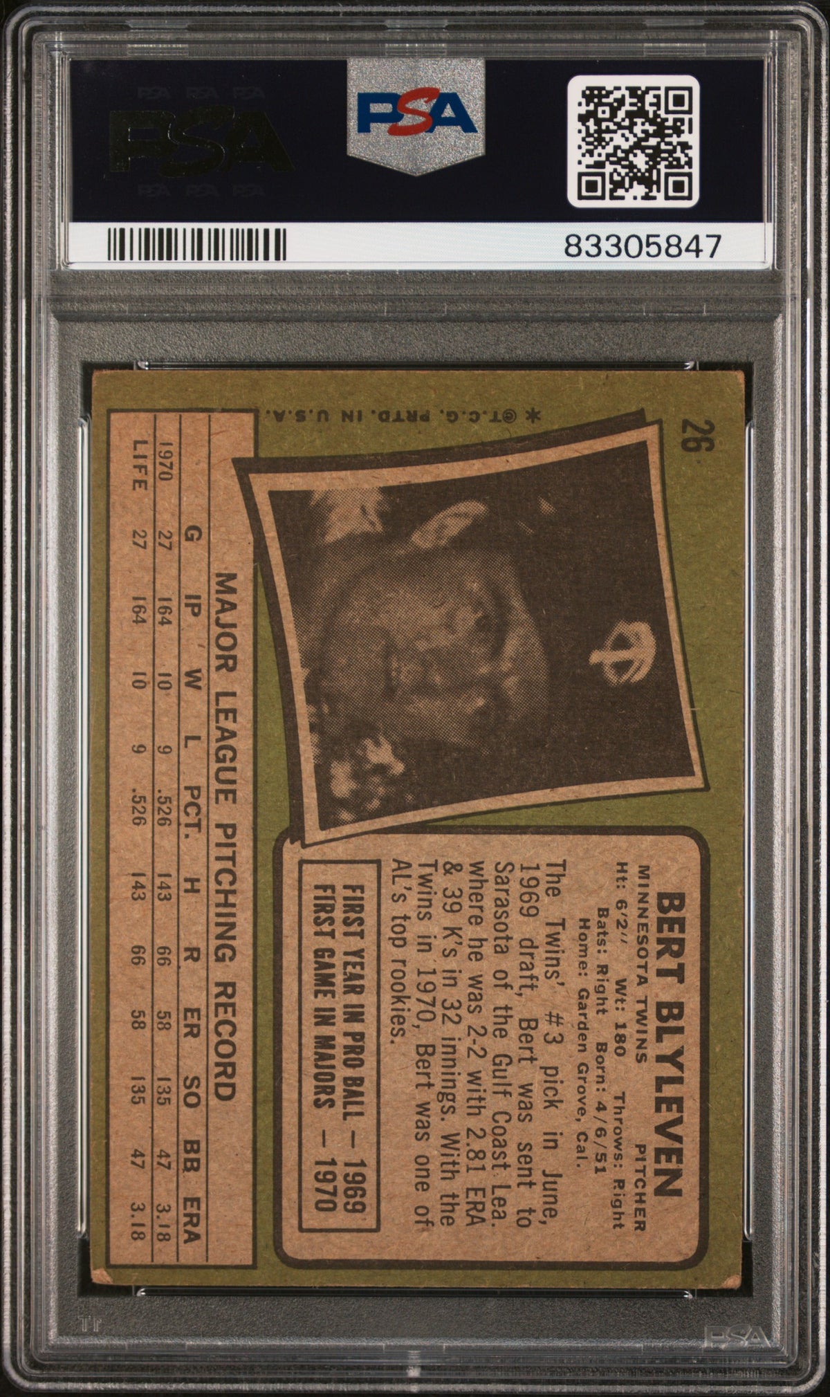 1971 Topps Bert Blyleven #26 PSA 2