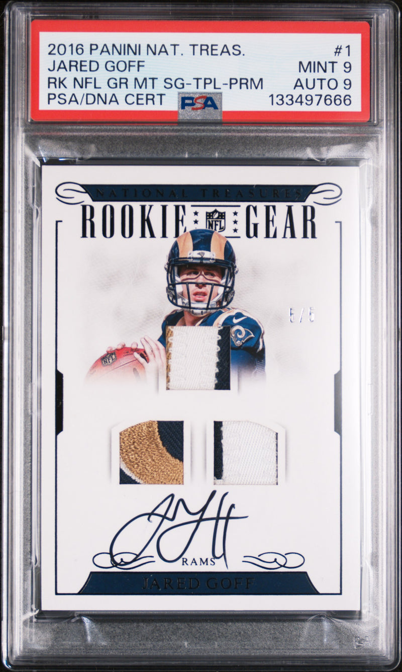 2016 Panini National Treasures Rookie NFL Gear Materials Signatures Triple-Prime Jared Goff #1 5/5 PSA 9