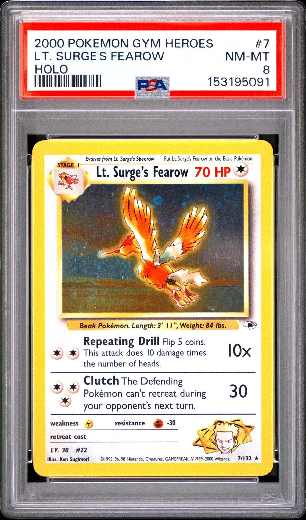 2000 Pokemon Gym Heroes Holo Lt. Surge's Fearow #7 PSA 8