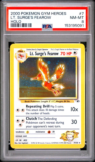 Pokémon Gym Heroes Lt. Surge's Fearow #7/132 Holo PSA 8