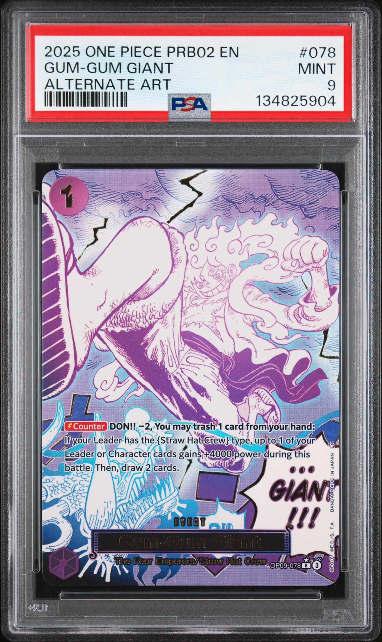 2025 One Piece the Best Premium Booster Volume 2 Alternate Art Gum Gum Giant #OP09-078 PSA 9