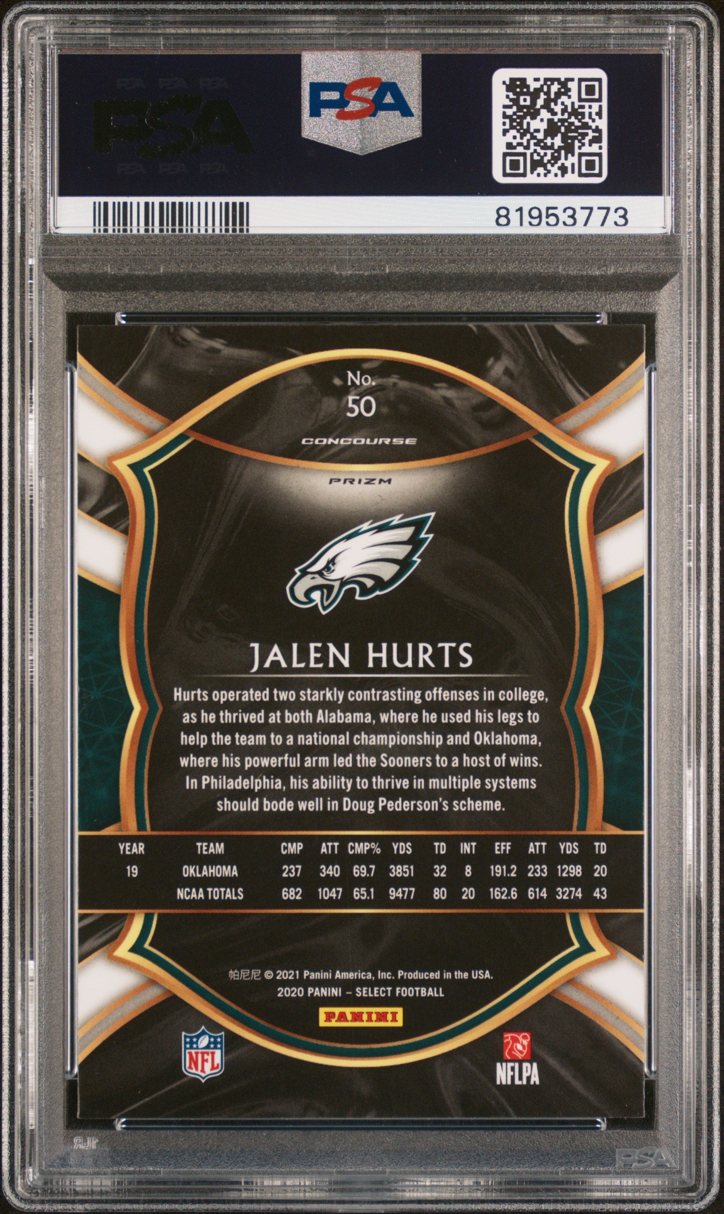 2020 Panini Select Concourse Silver Prizm Jalen Hurts #50 PSA 10