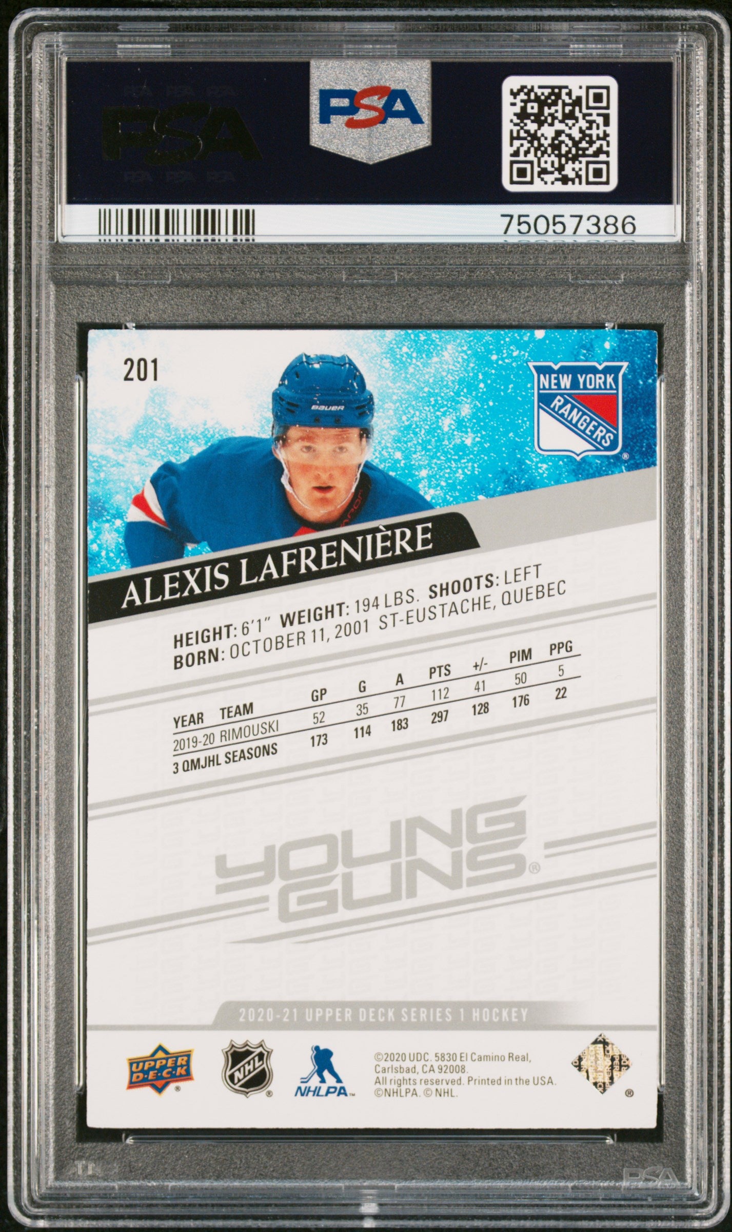 2020 Upper Deck Young Guns Alexis Lafreniere #201 PSA 9