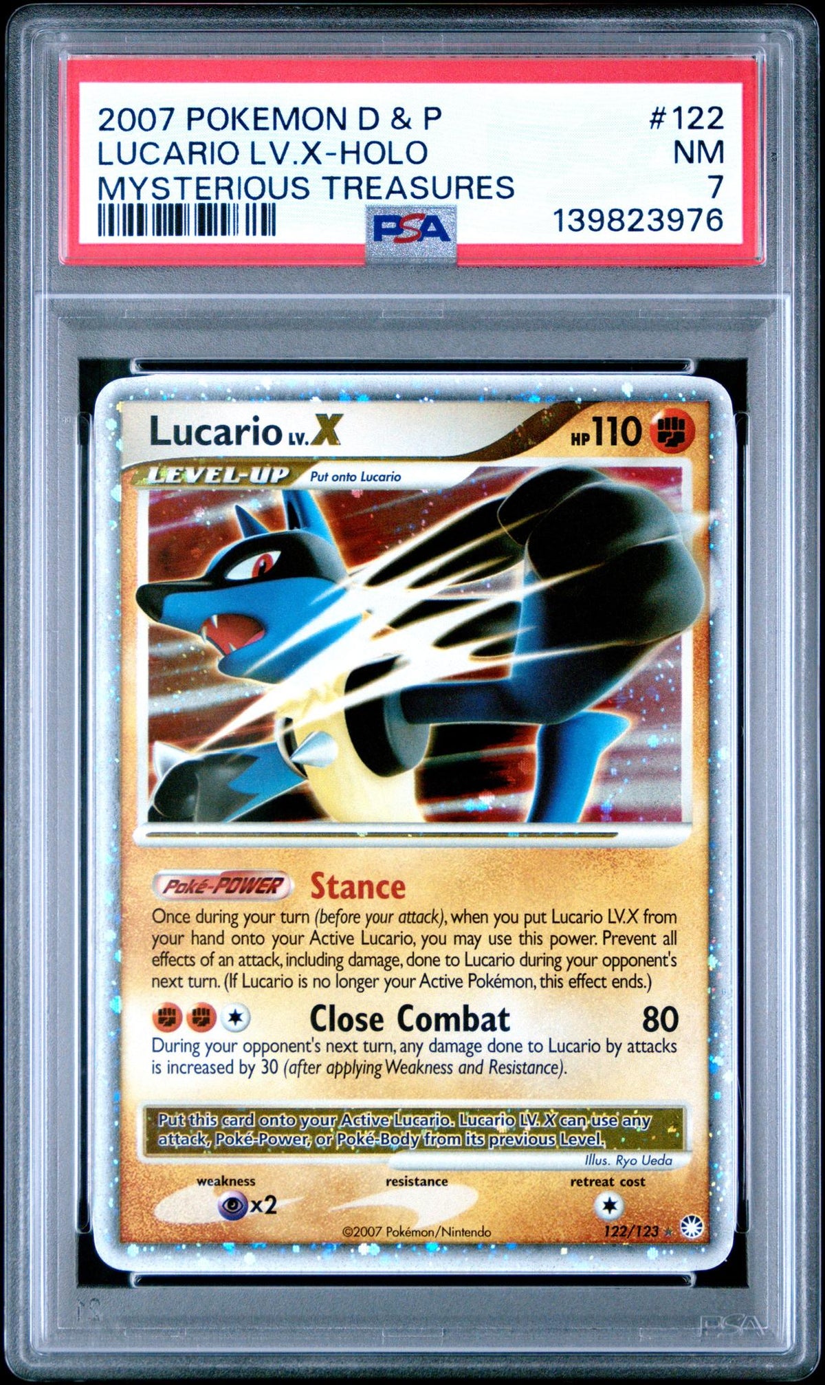 2007 Pokemon Diamond and Pearl Mysterious Treasures Holo Lucario Lv X #122 PSA 7