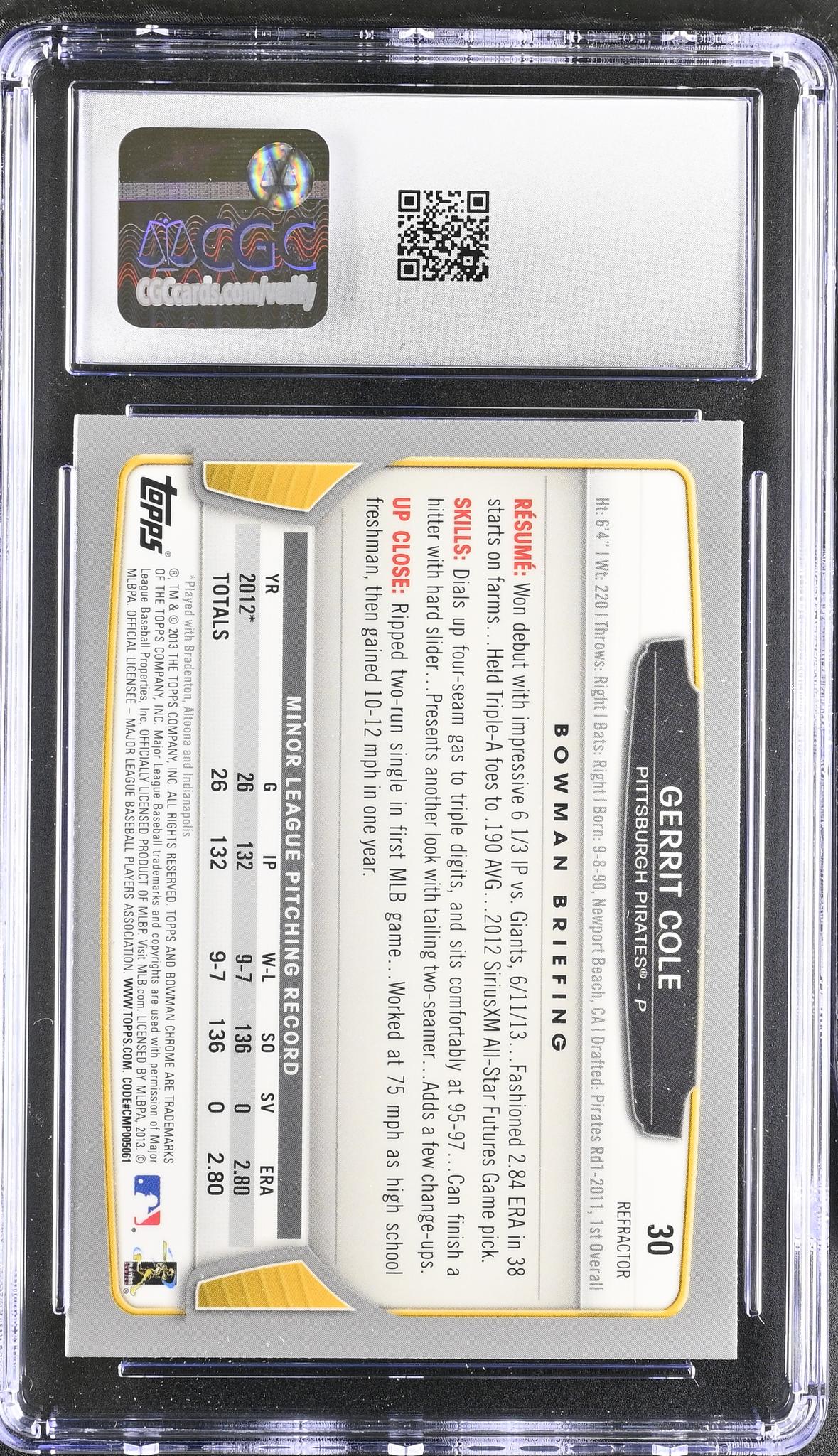 2013 Bowman Chrome #30 Gerrit Cole Refractor CGC 9