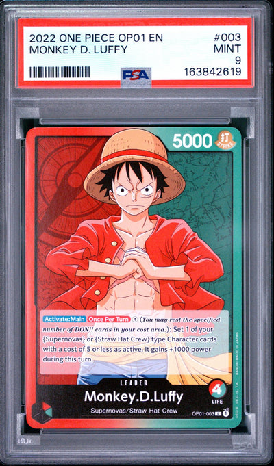 2022 One Piece OP01 Monkey D. Luffy #003 Supernovas/Straw Hat Crew PSA 9
