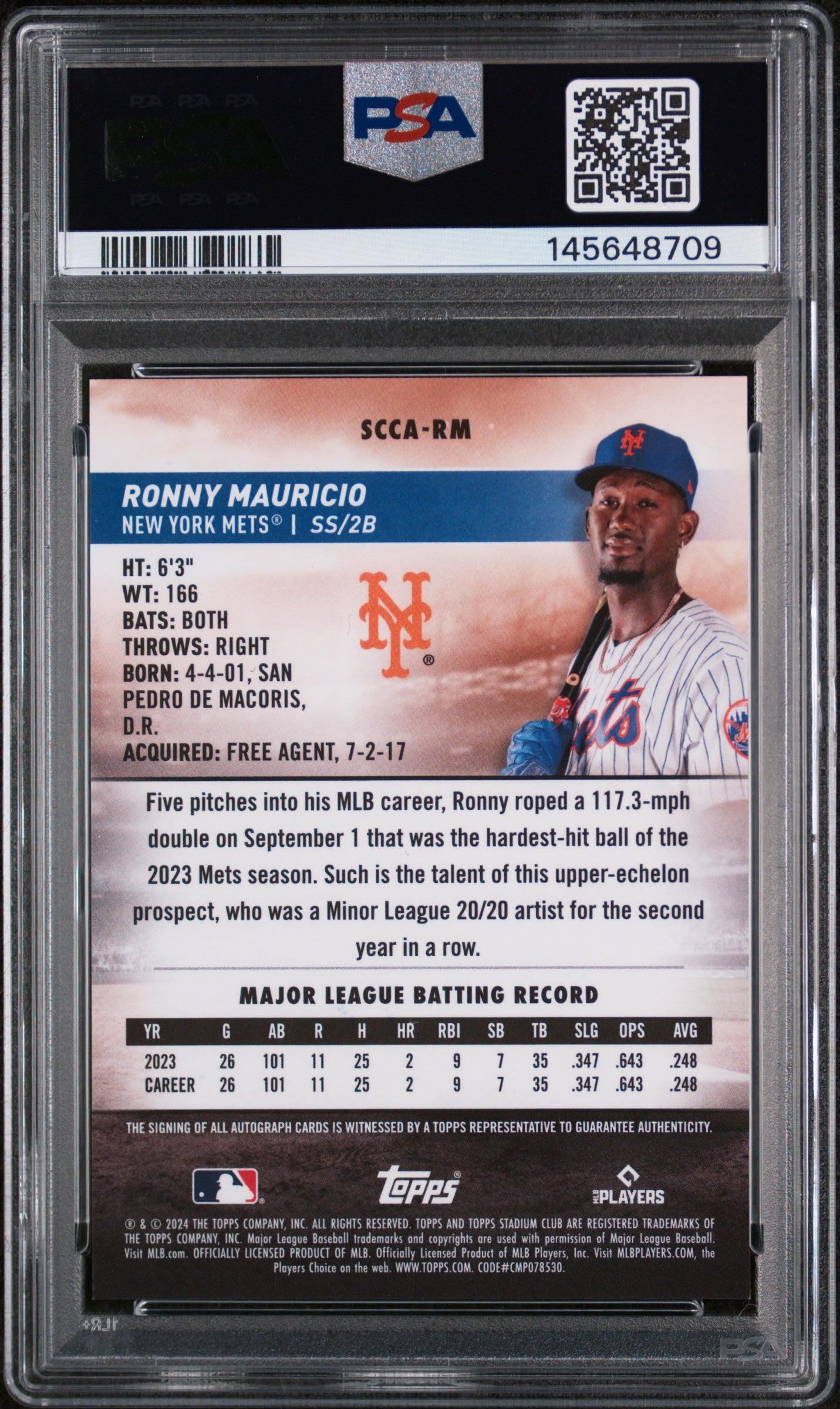 2024 Topps Stadium Club Chrome Autographs Ronny Mauricio #SCCARM PSA 9
