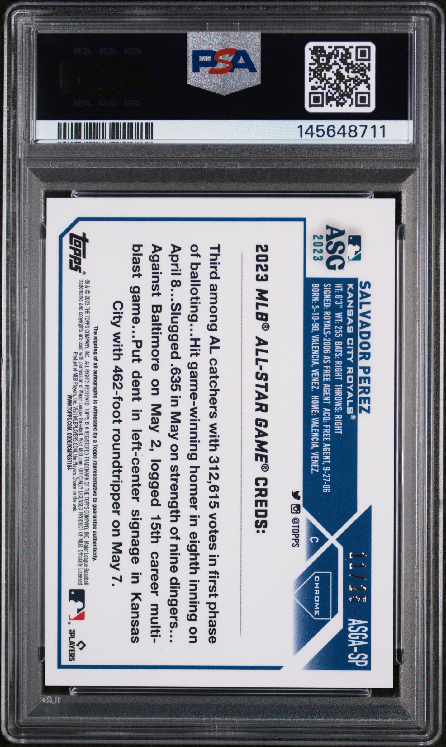 2023 Topps Chrome Update 2023 All-Star Game Autograph Orange Salvador Perez #SP /25 PSA 10 145648711