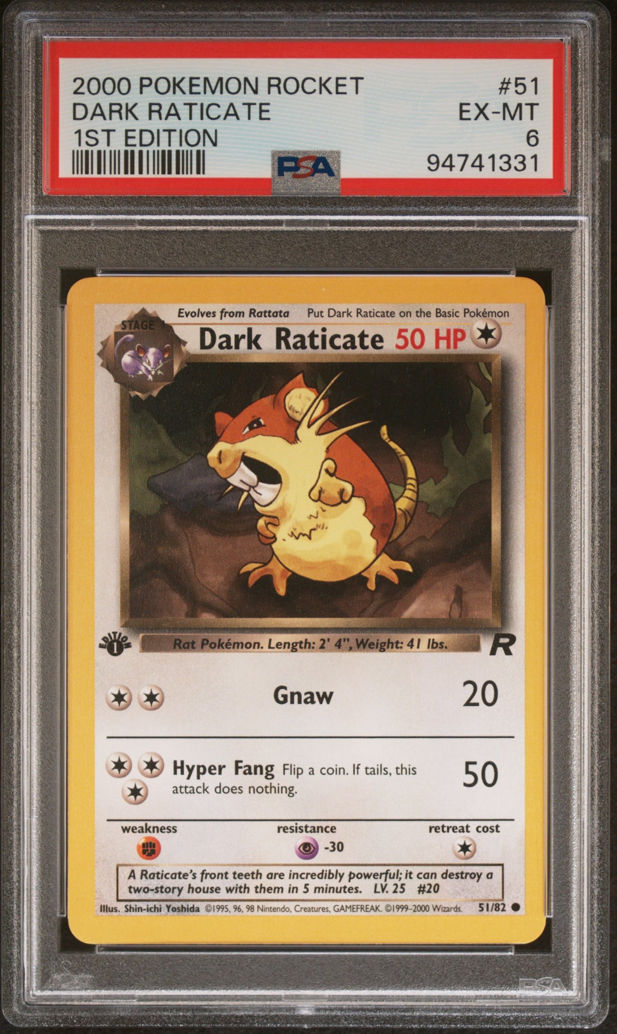 2000 Pokemon Team Rocket 1st Edition Dark Raticate #51 PSA 6