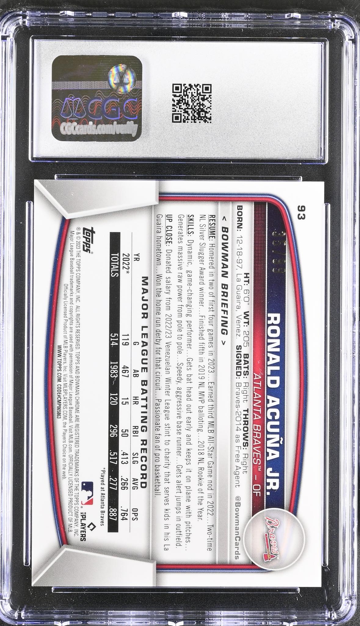 2023 Bowman Chrome #93 Ronald Acuña Jr. Green Refractor /399 CGC 10