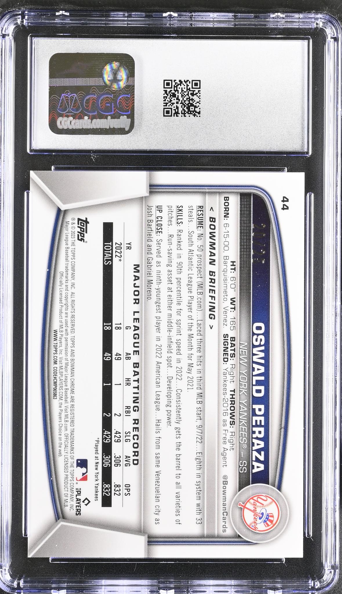 2023 Bowman Chrome #44 Oswald Peraza /25 CGC 10