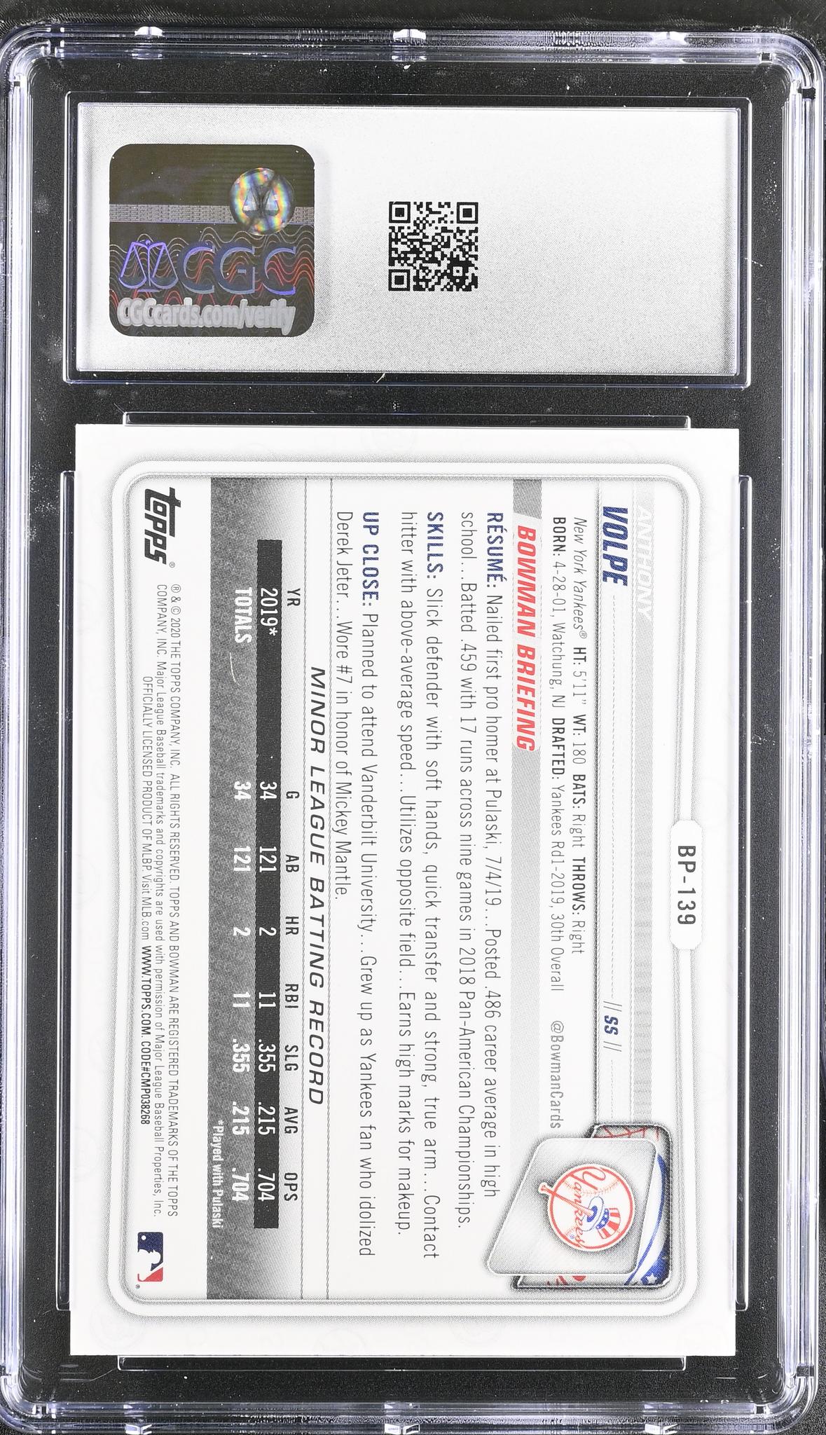 2020 Bowman #BP-139 Anthony Volpe Prospects /250 CGC 9