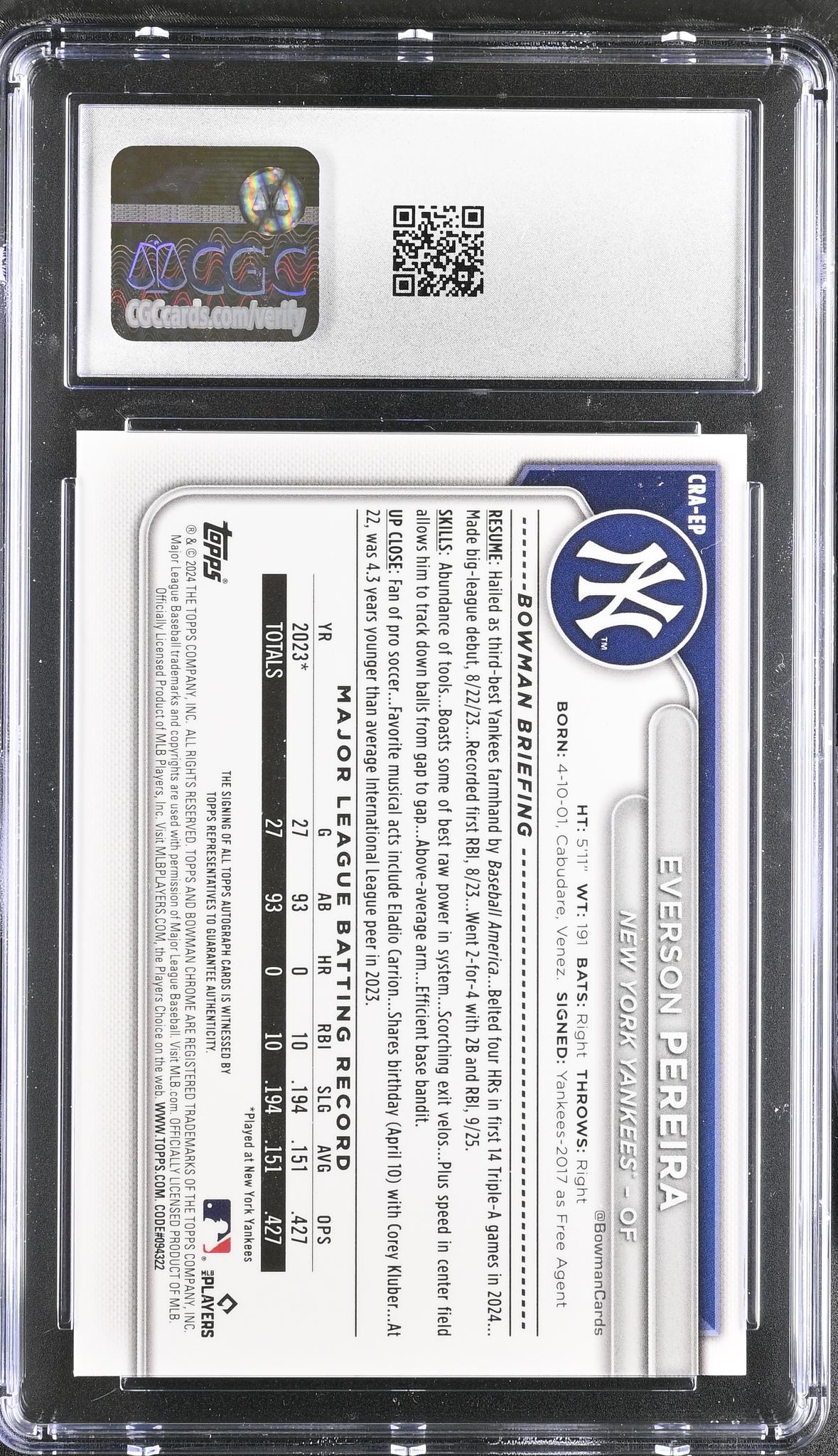 2024 Bowman Chrome # Everson Pereira Mega Box Rookie Autographs /150 Auto CGC 10