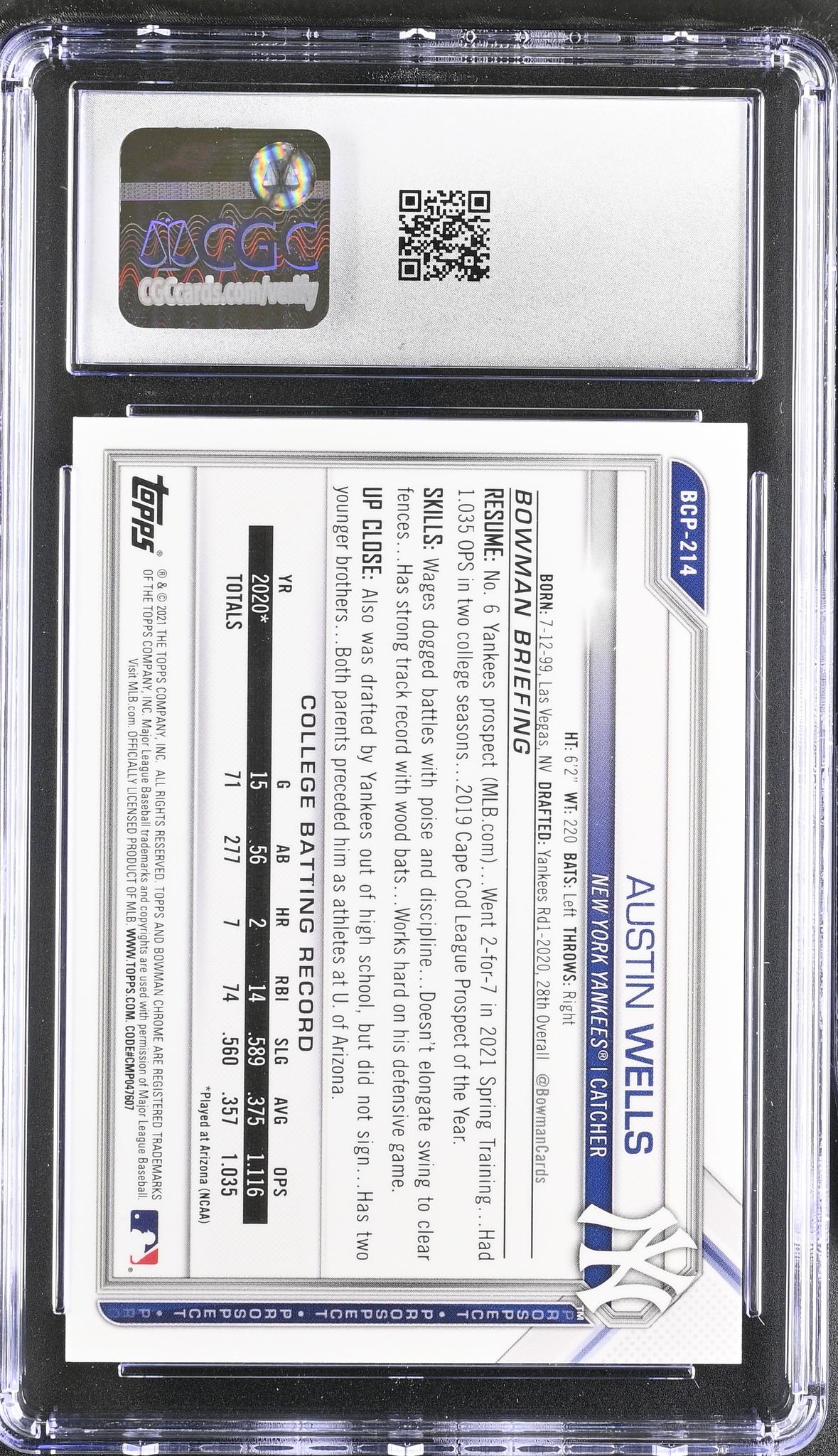 2021 Bowman Chrome #BCP-214 Austin Wells Prospects CGC 10