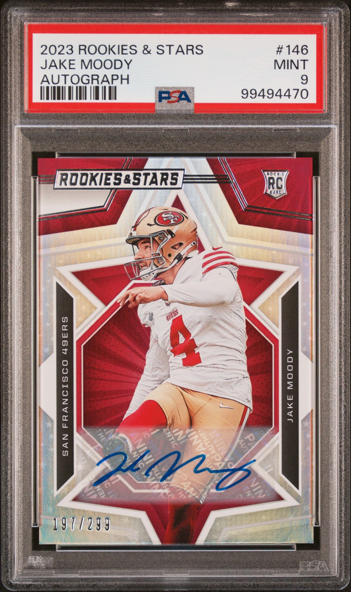 2023 Panini Rookies & Stars Autograph Jake Moody #146 /299 PSA 9