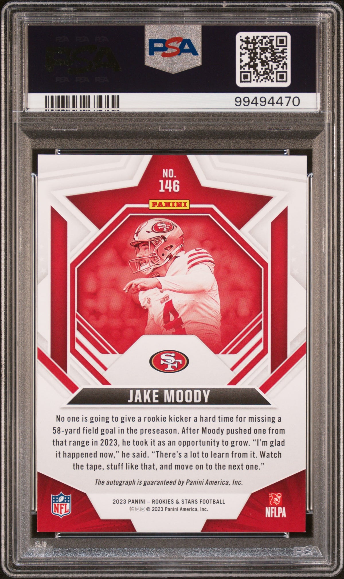 2023 Panini Rookies & Stars Autograph Jake Moody #146 /299 PSA 9