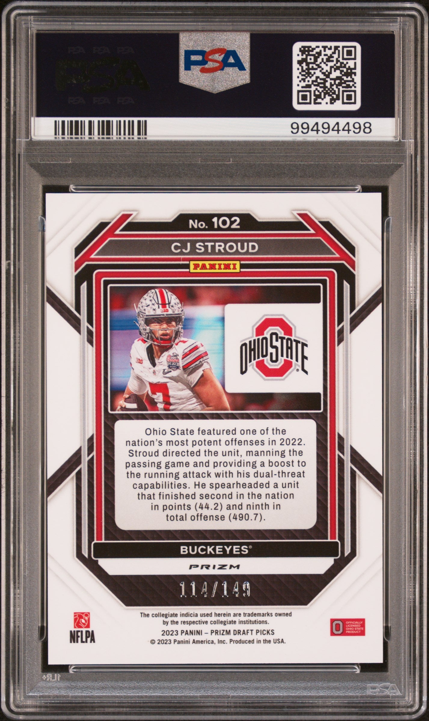 2023 Panini Prizm Draft Picks Purple Ice CJ Stroud #102 /149 PSA 10
