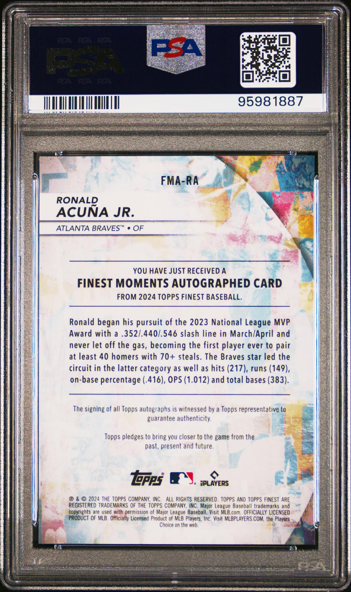 2024 Topps Finest Finest Moments Autographs Moments Auto-Black Ref Ronald Acuna Jr. #FMARA /10 PSA 10