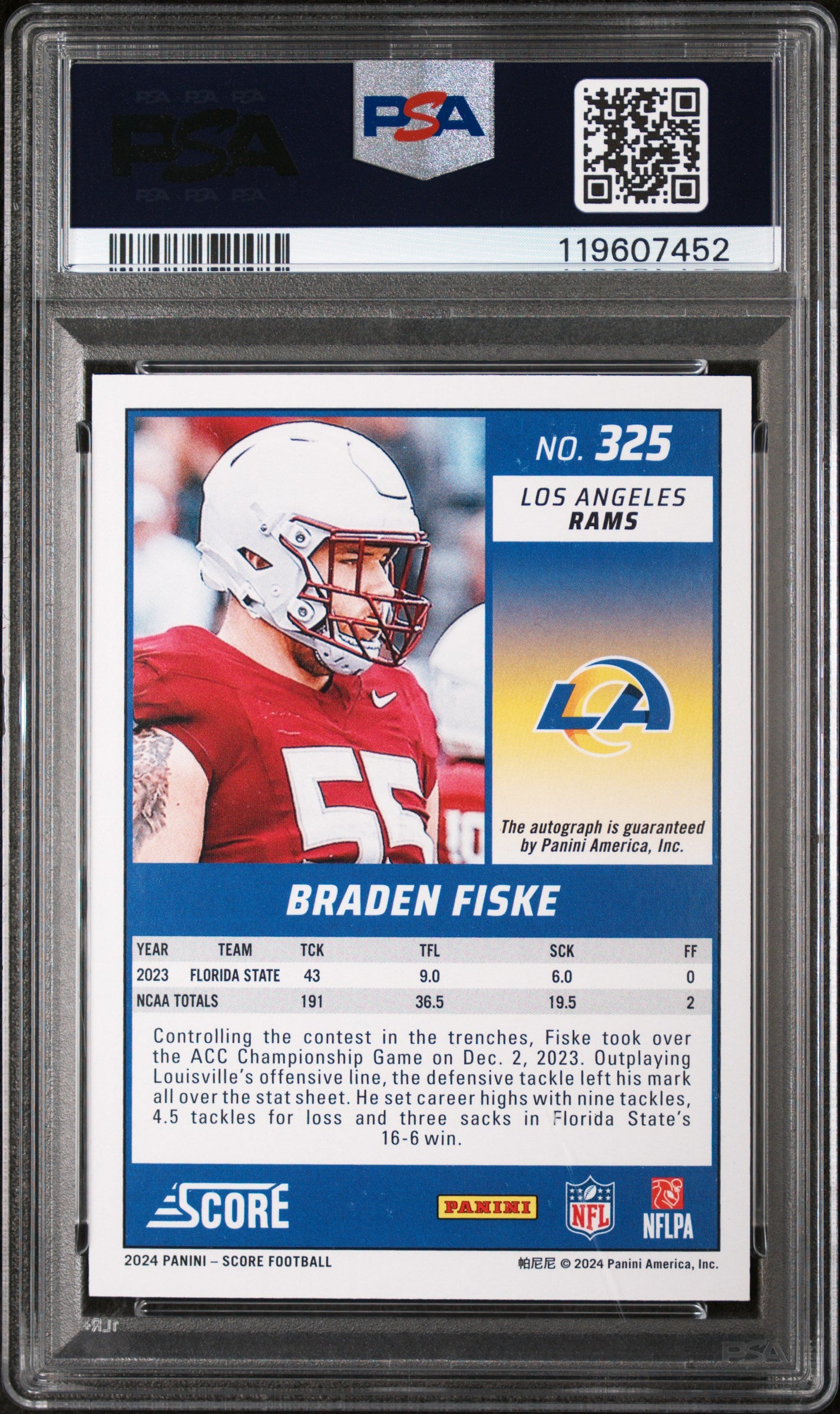 2024 Panini Score Signature-Gold Zone Braden Fiske #325 /50 PSA 7