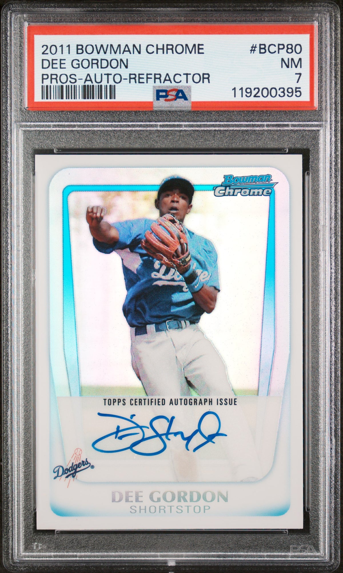 2011 Bowman Chrome Prospect Autograph Refractor Dee Gordon #BCP80 /500 /150 PSA 7