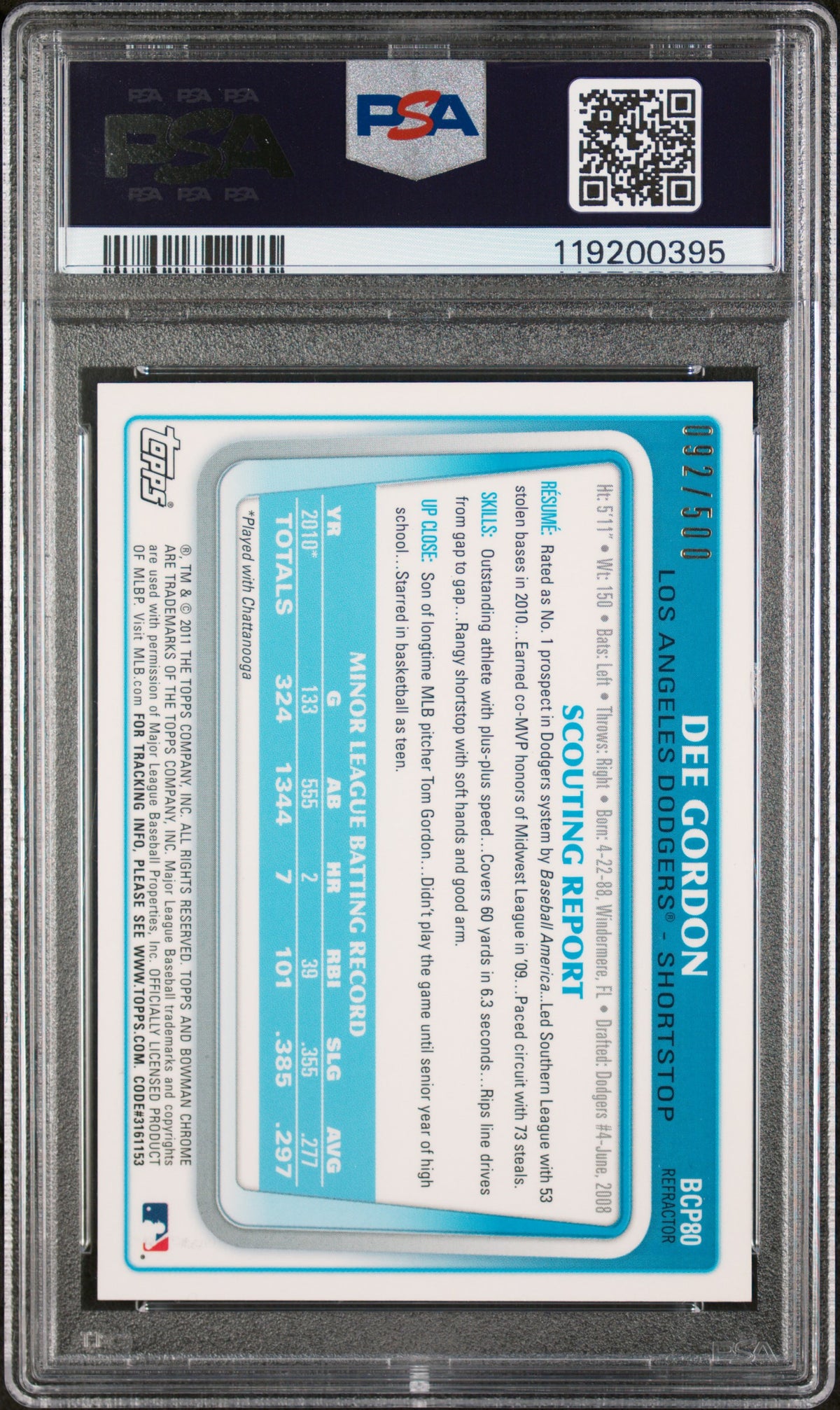 2011 Bowman Chrome Prospect Autograph Refractor Dee Gordon #BCP80 /500 /150 PSA 7