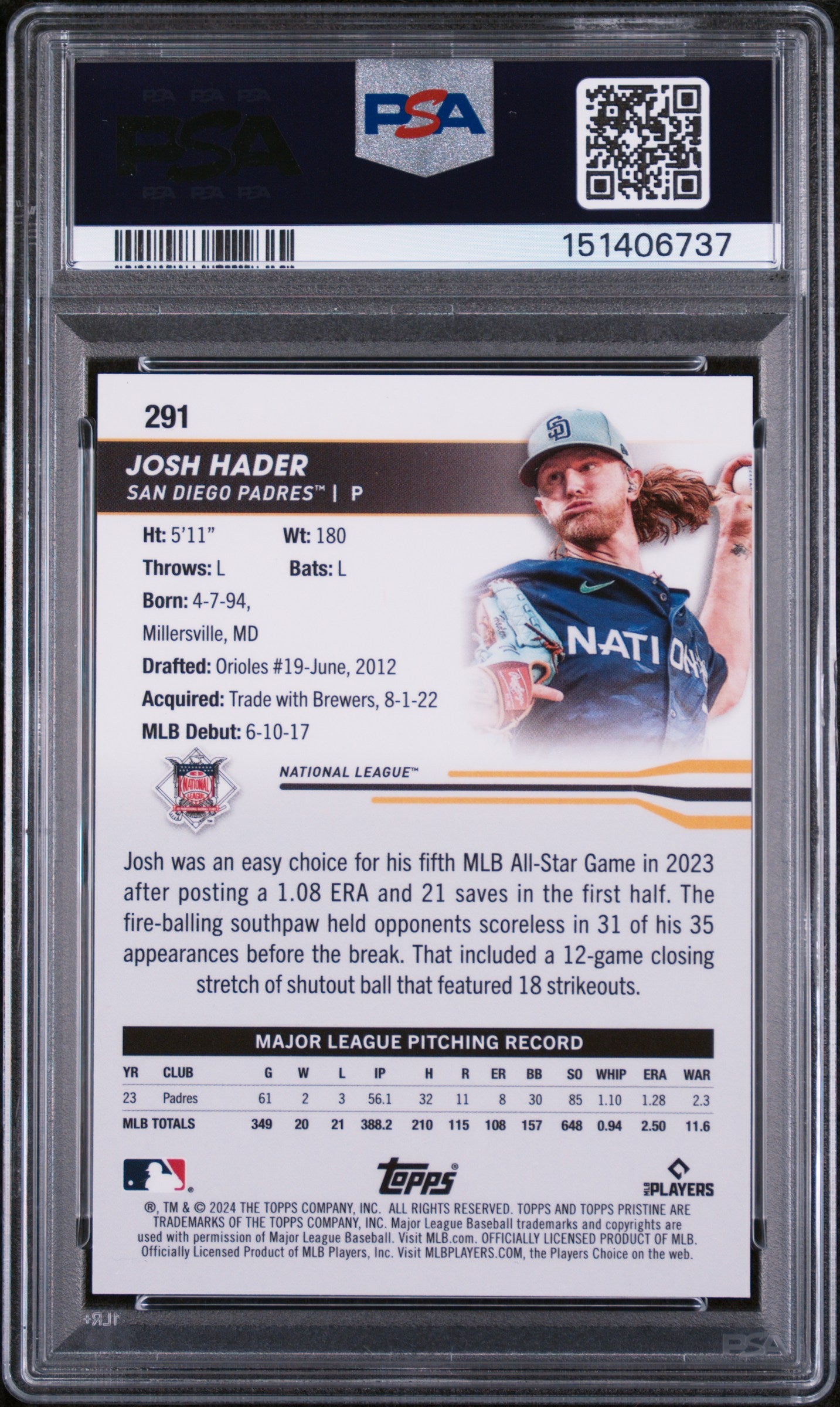 2024 Topps Pristine Superfractor 1/1 Josh Hader #291 PSA 7