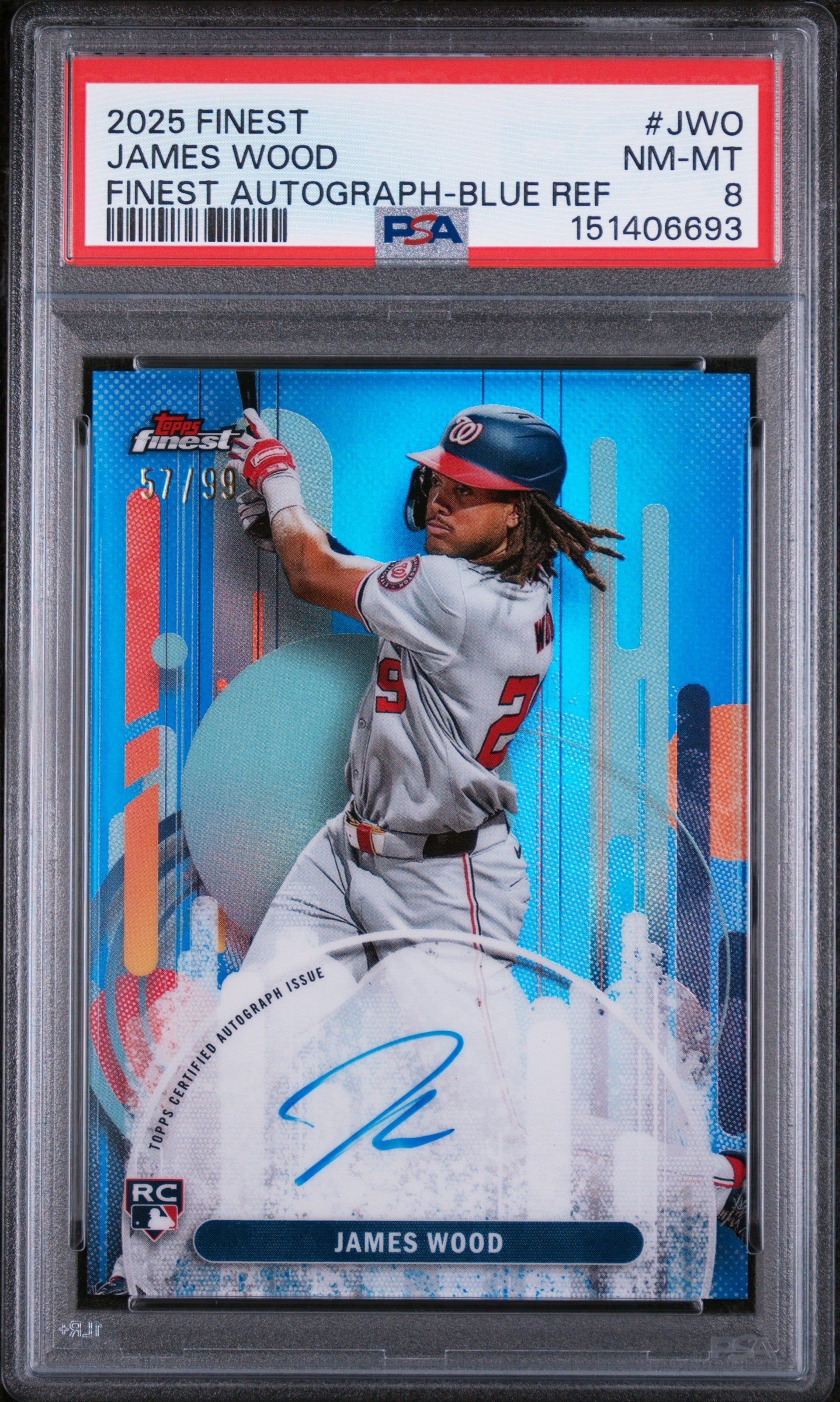2025 Topps Finest Finest Autographs Blue Refractor James Wood #JWO /99 PSA 8