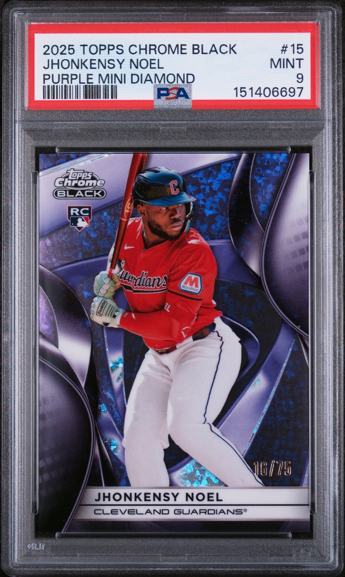 2025 Topps Chrome Black JhonKensy Noel #15 Purple Mini Diamond /75 PSA 9