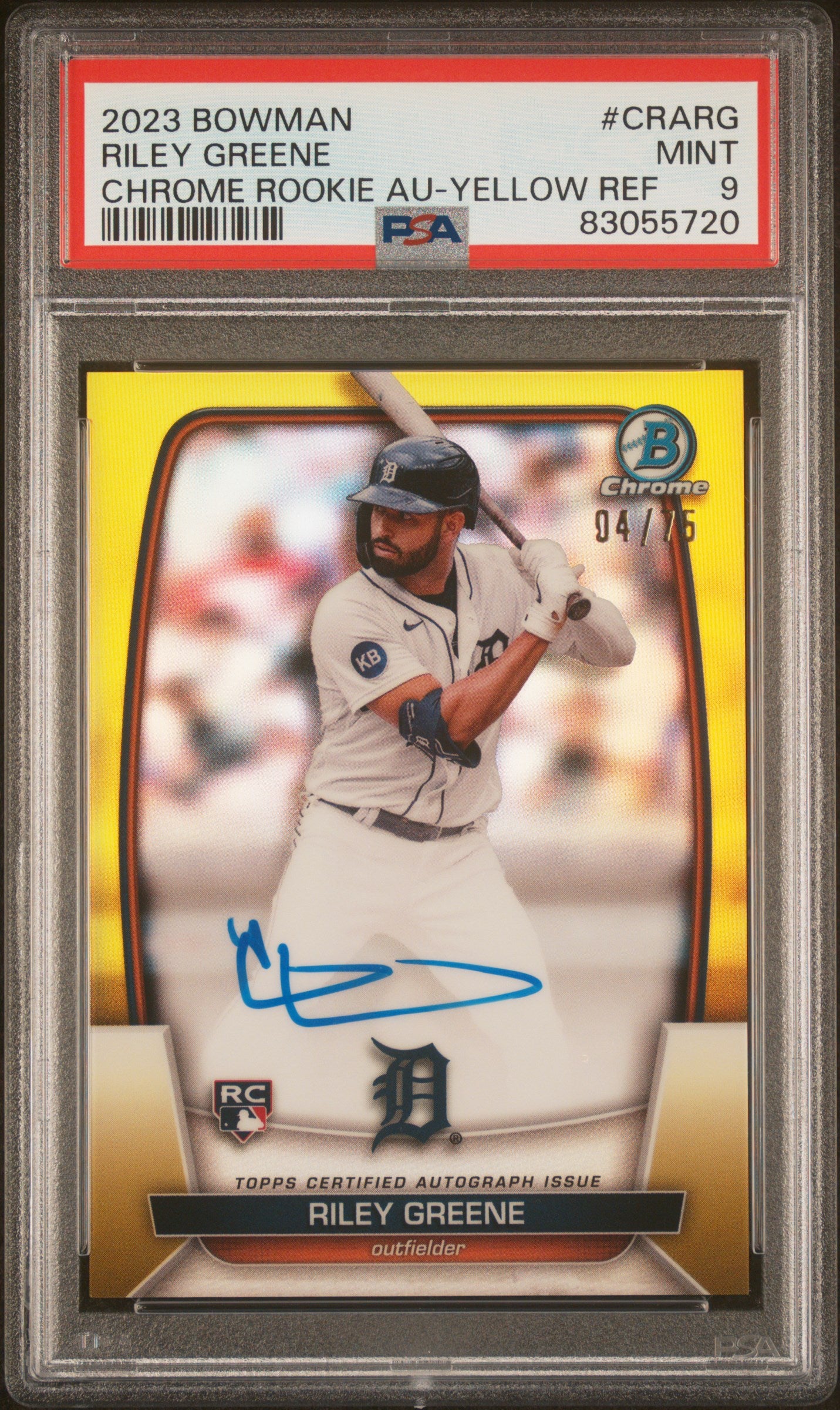 2023 Bowman Chrome Rookie Autograph Yellow Refractor Riley Greene #CRARG /75 PSA 9