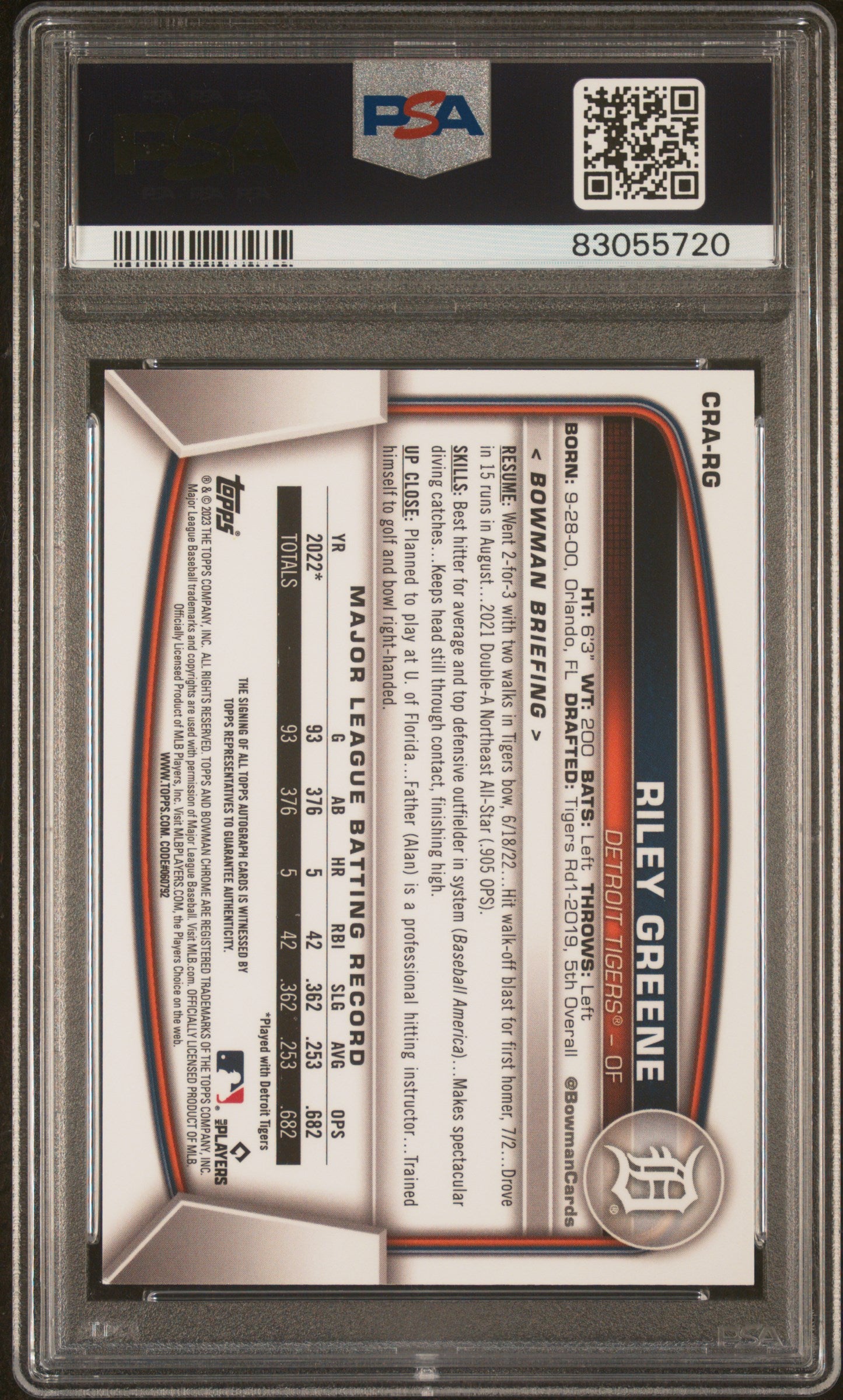 2023 Bowman Chrome Rookie Autograph Yellow Refractor Riley Greene #CRARG /75 PSA 9