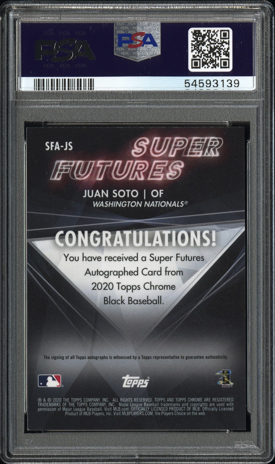 2020 Topps Chrome Black Super Futures Autographs Juan Soto #JS /99 PSA 10