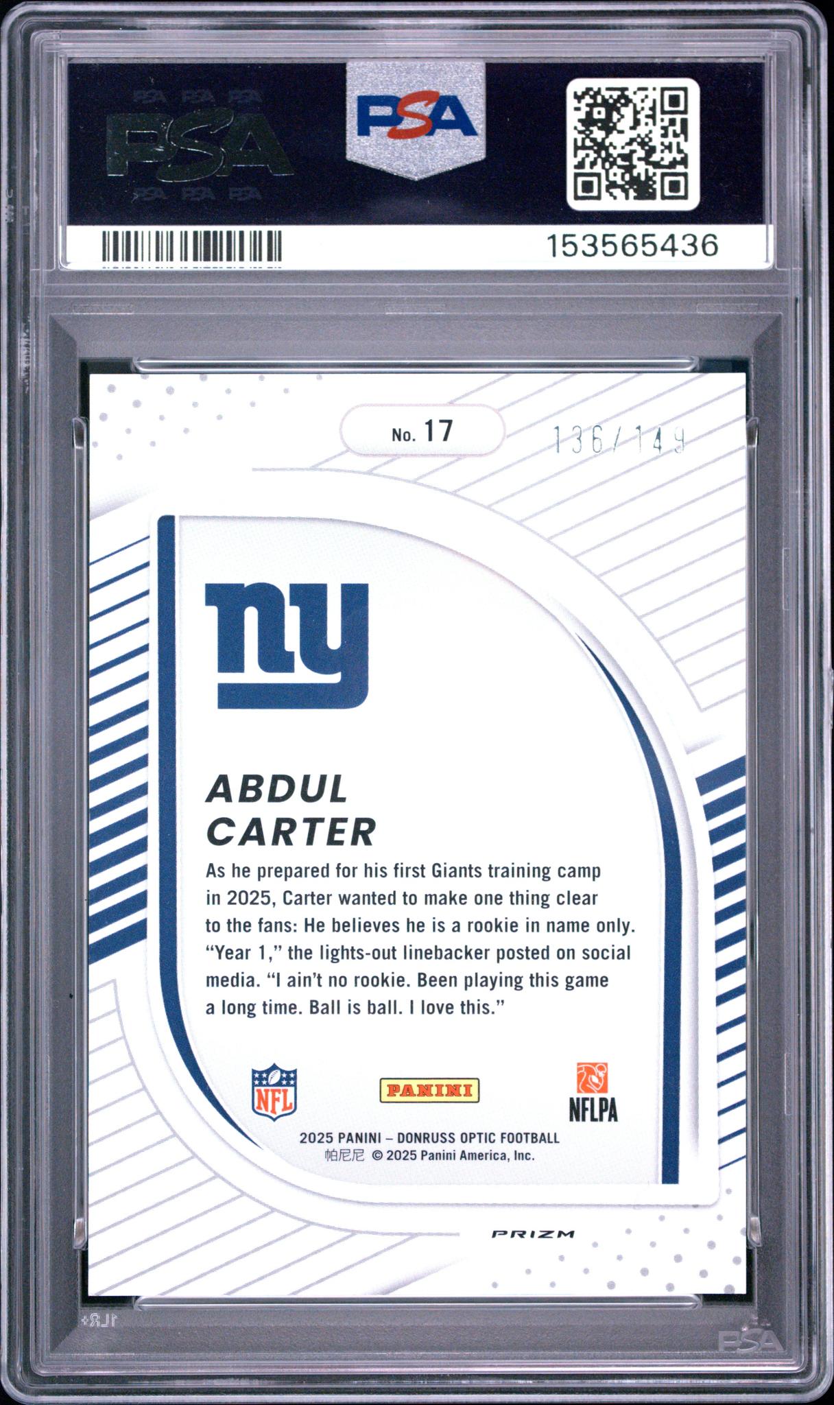 2025 Panini Donruss Optic Hidden Potential Black Pandora Abdul Carter #17 /149 PSA 10