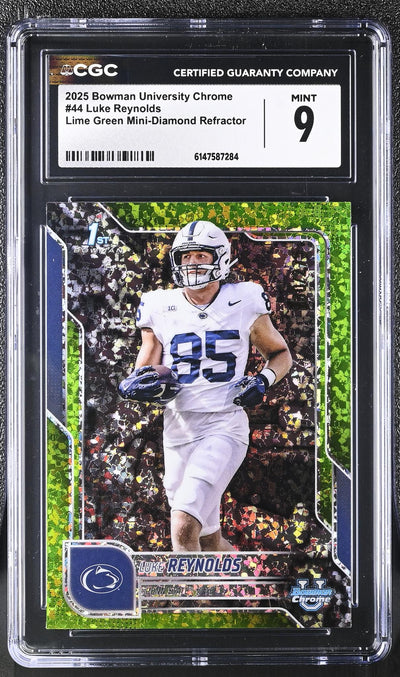 2025 Bowman University Chrome Luke Reynolds #44 Lime Green Mini-Diamond Refractor 1st Bowman CGC 9