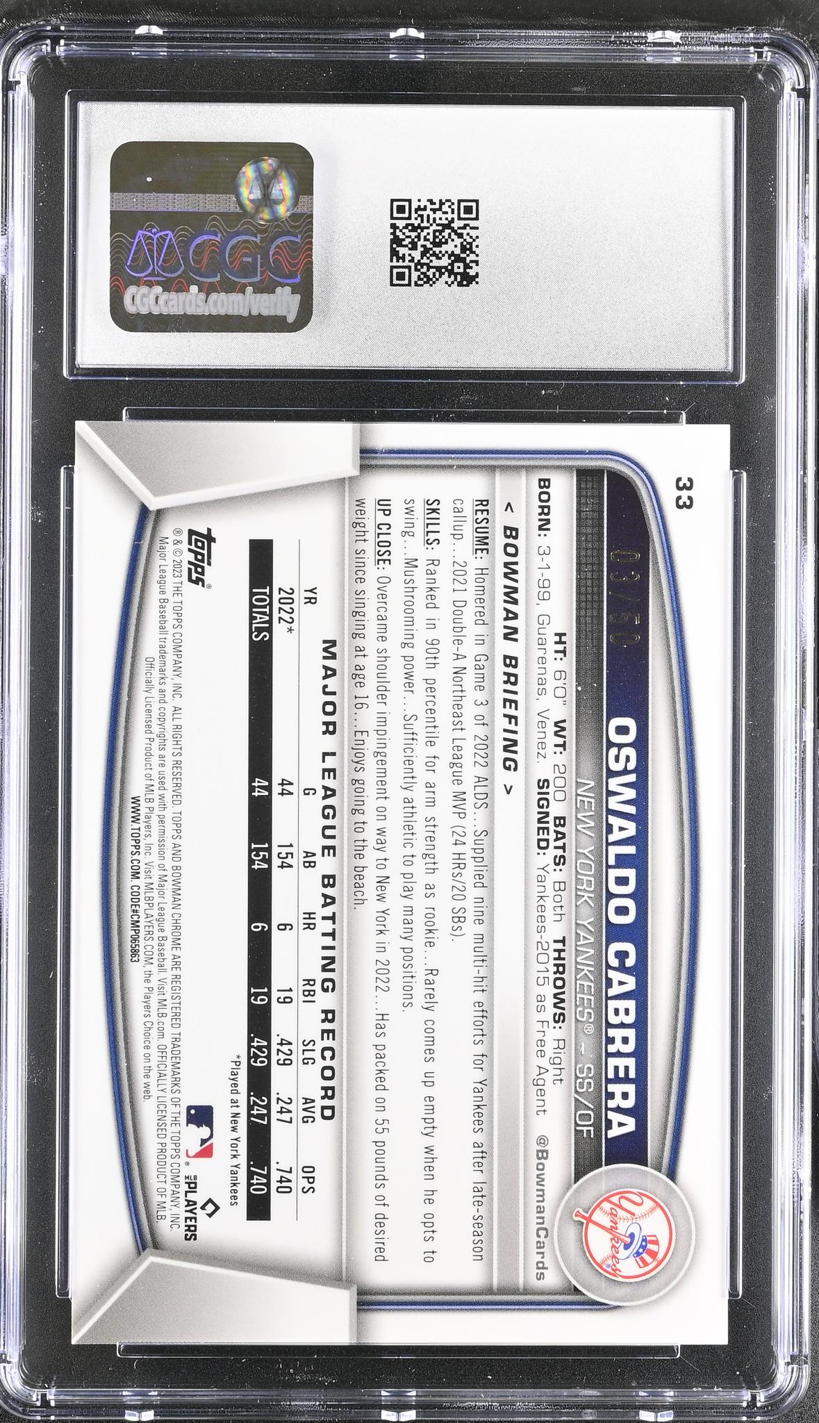2023 Bowman Chrome #33 Oswaldo Cabrera Gold Refractor CGC 10