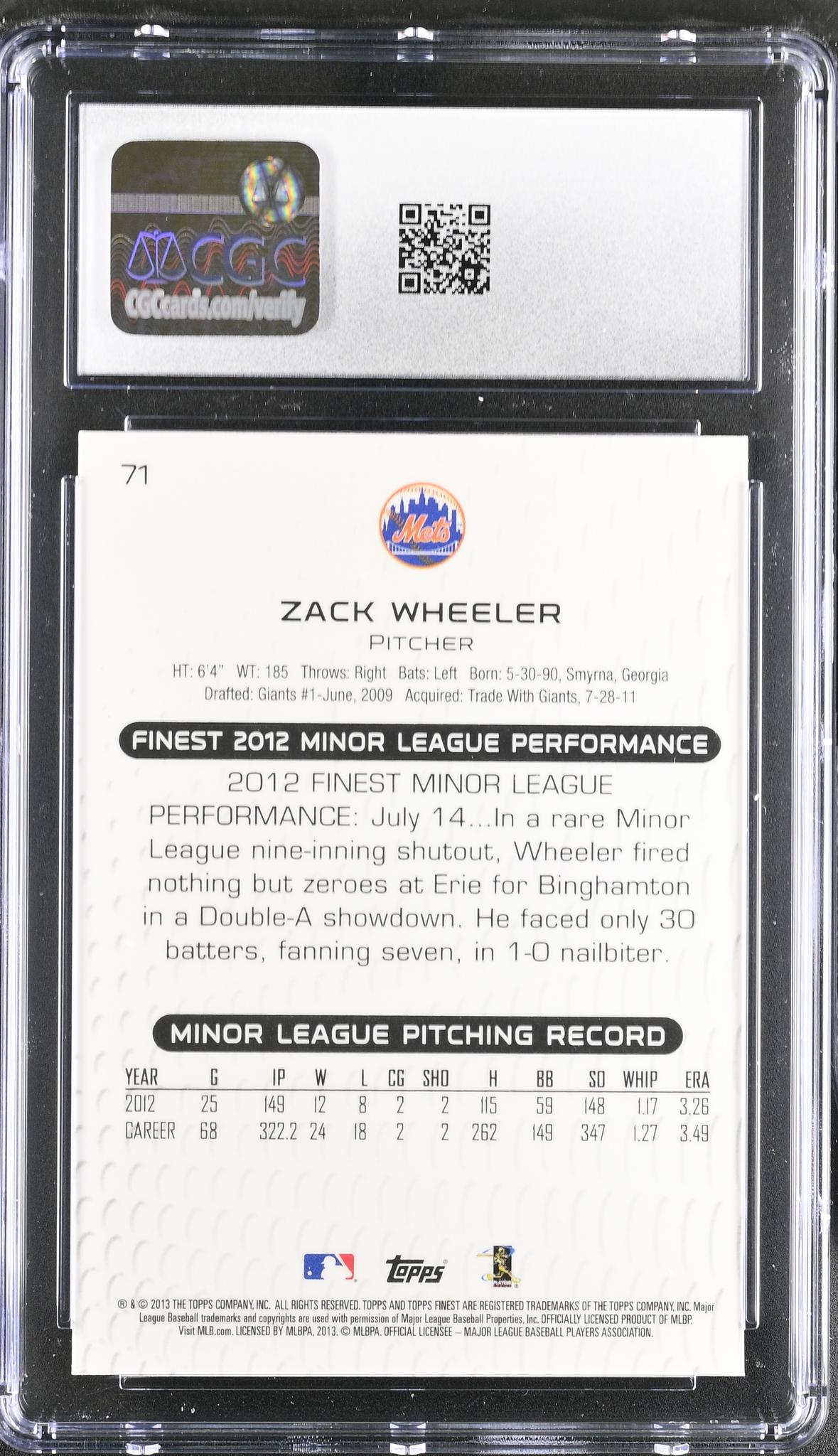 2013 Finest #71 Zack Wheeler Finest 2012 Minor League Performance CGC 10