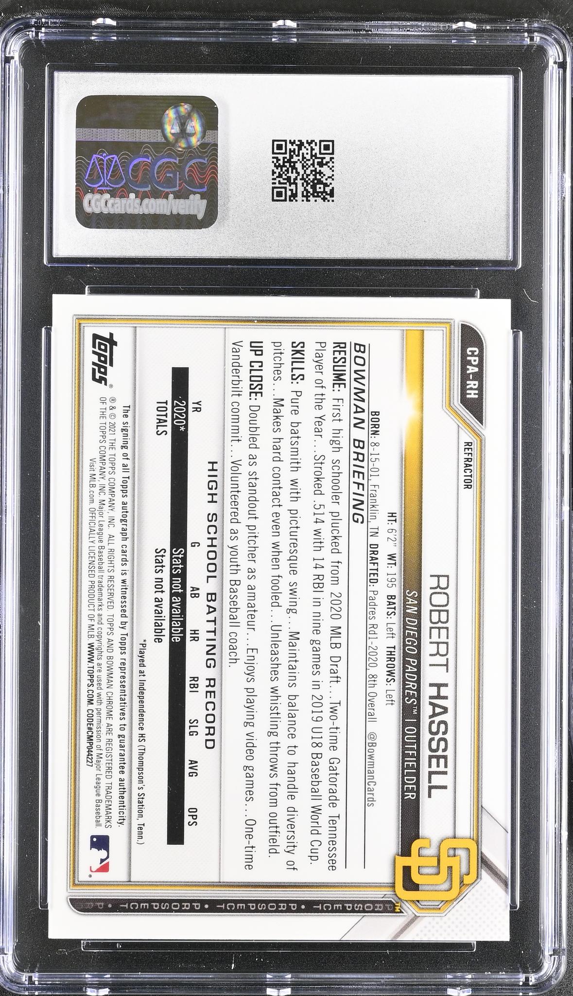 2021 Bowman #CPA-RH Robert Hassell Chrome Prospect Autographs /499 Auto CGC 9