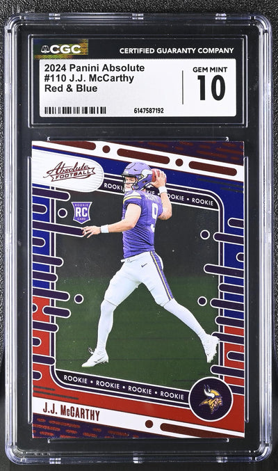 2024 Panini Absolute J.J. McCarthy #110 Red & Blue RC CGC 10