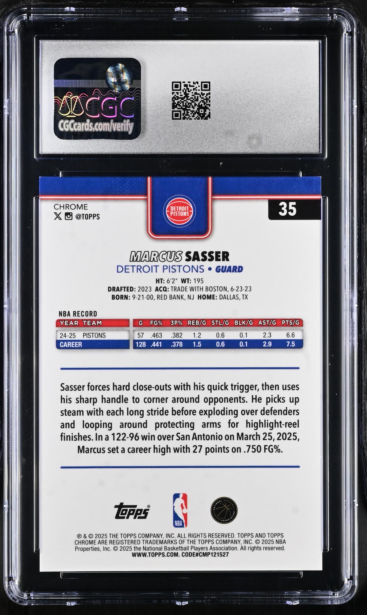 2025 Topps Chrome #35 Marcus Sasser Gold Wave Refractor /50 CGC 10