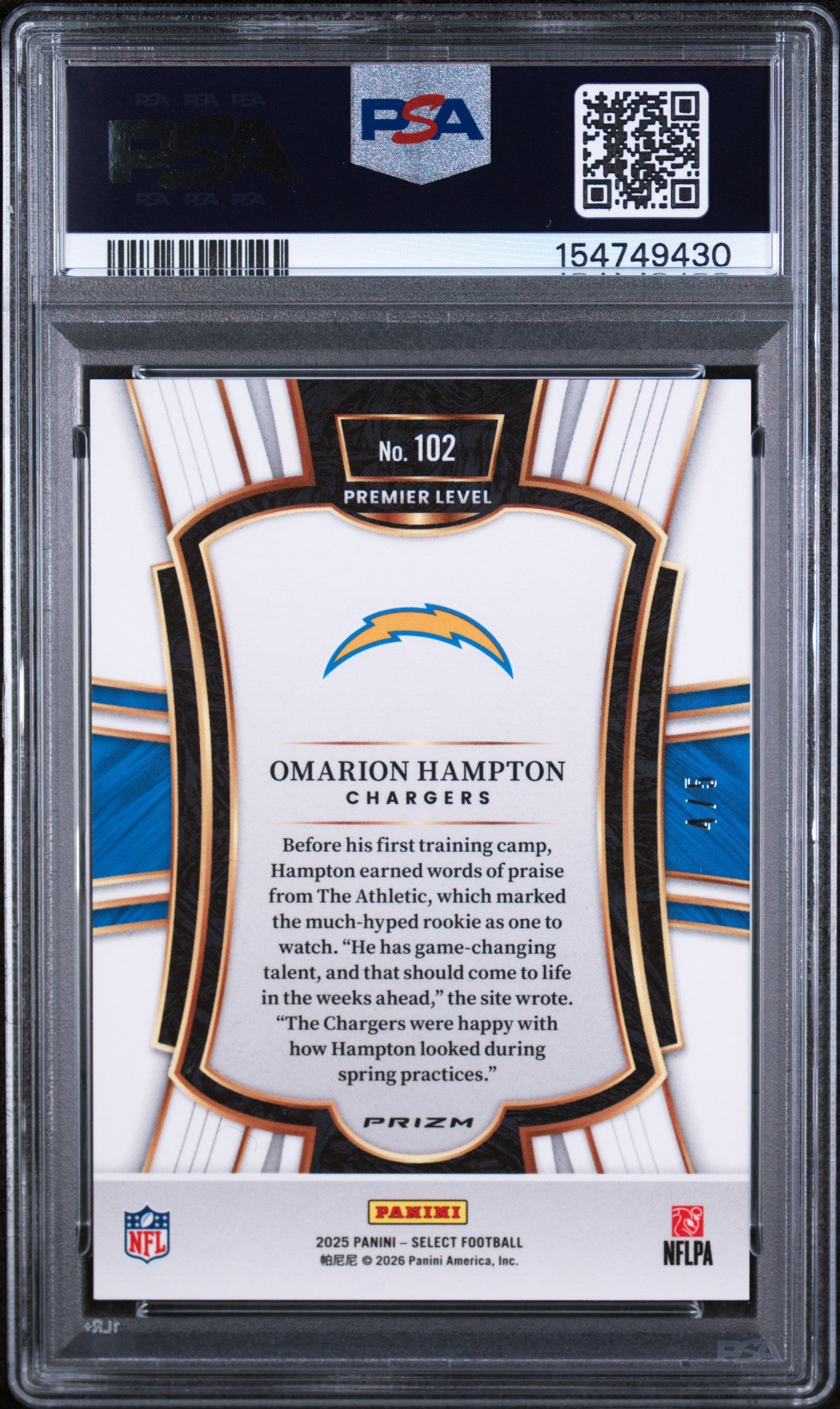 2025 Panini Select Prizm Green Omarion Hampton #102 /15 PSA 10